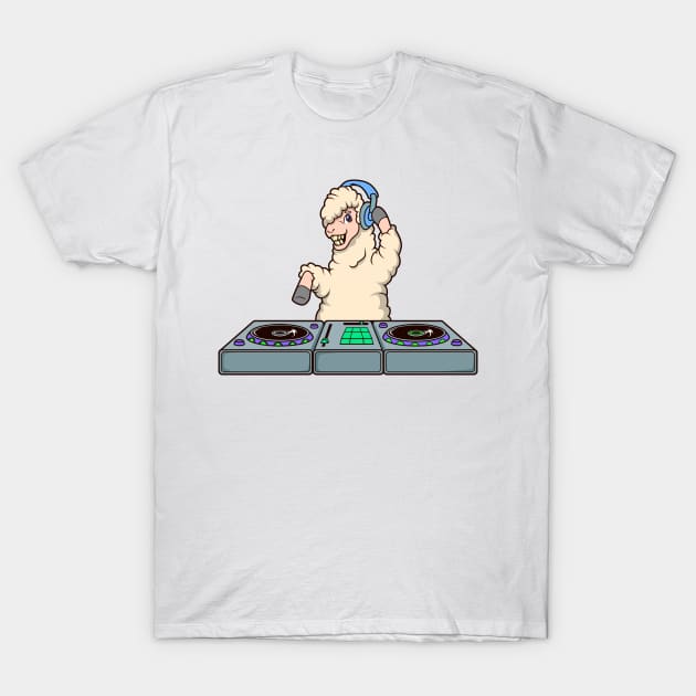 Cartoon Llama DJ at Turntable T-Shirt by Modern Medieval Design